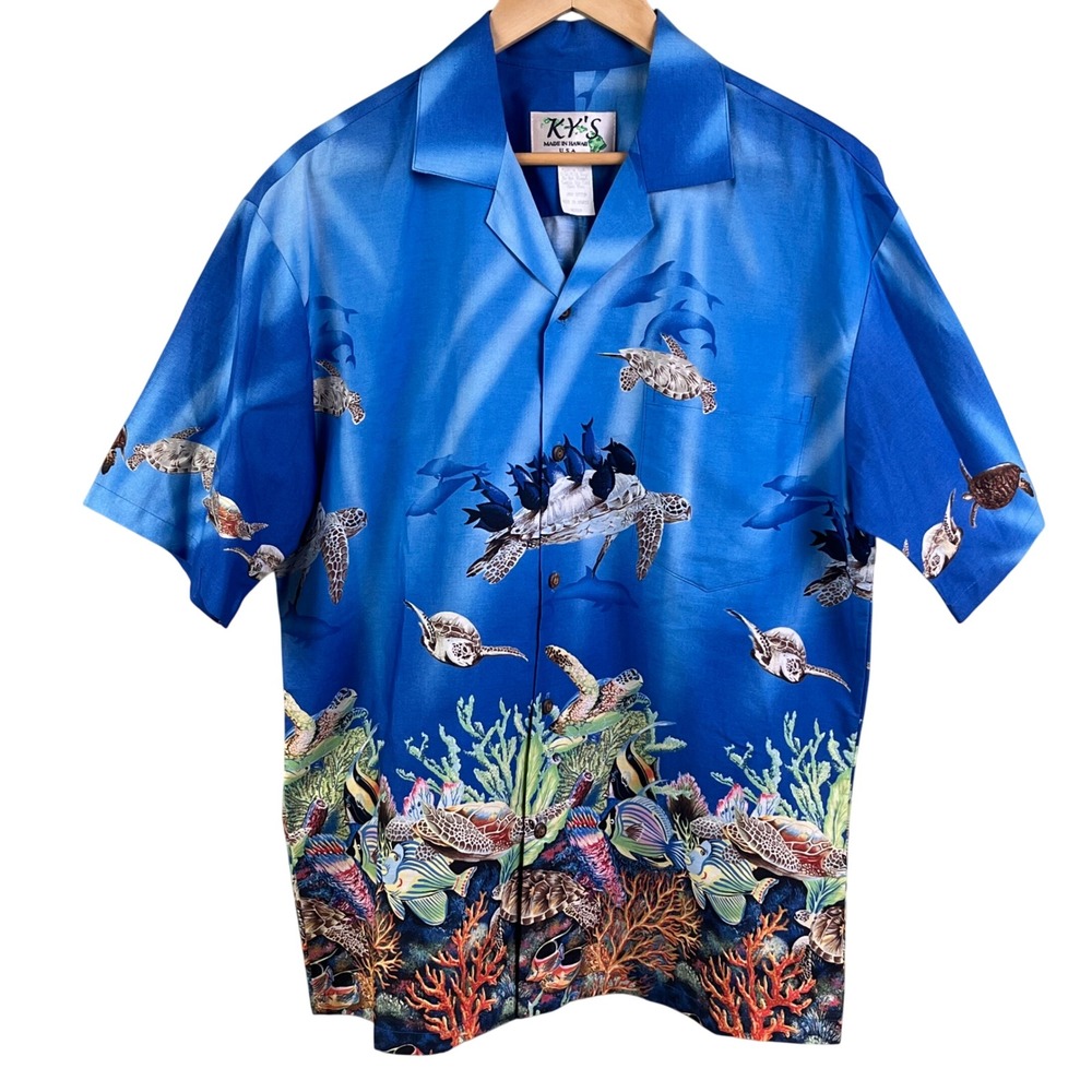 VTG KYS Hawaiian Blue Turtle Sea Life Reef Graphic Print Short Sleeve USA Medium